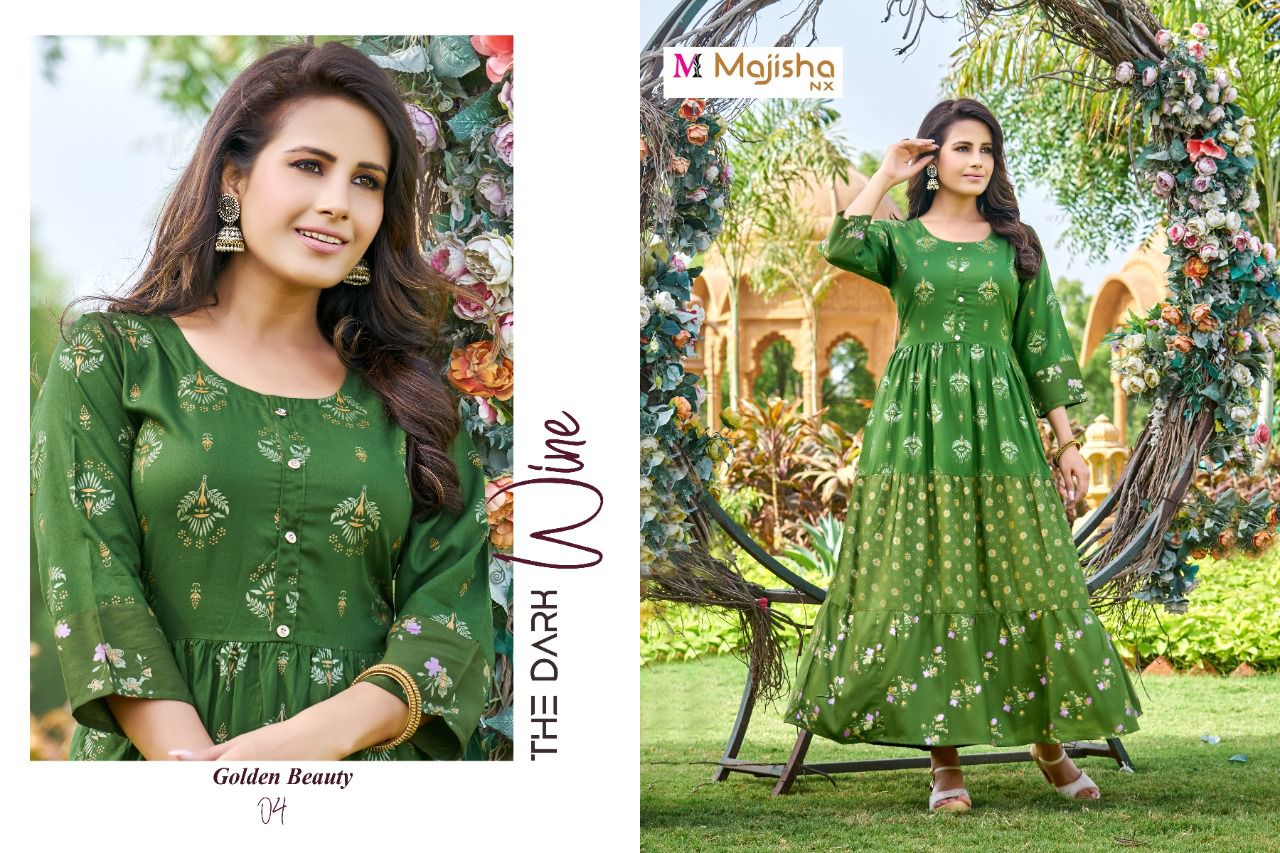 Majisha Nx Golden Beauty Ethnic Wear Rayon Long Anarkali Kurti Collection